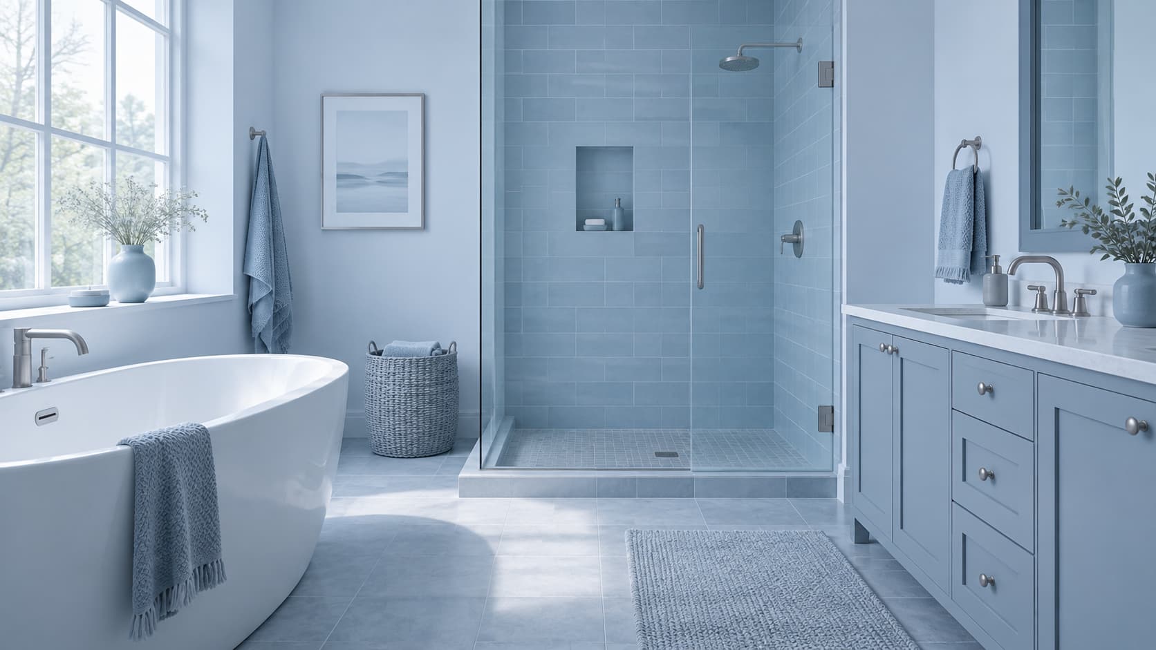 Bright bathroom with light powder blue wall tile and woven storage baskets.
