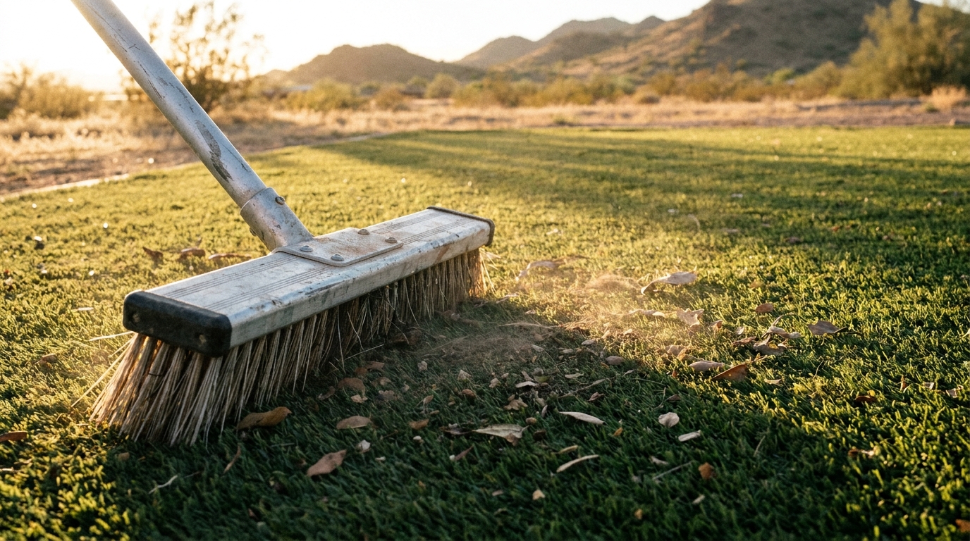 Broom brushing leaves off artificial turf in sunny outdoor setting with mountains in background