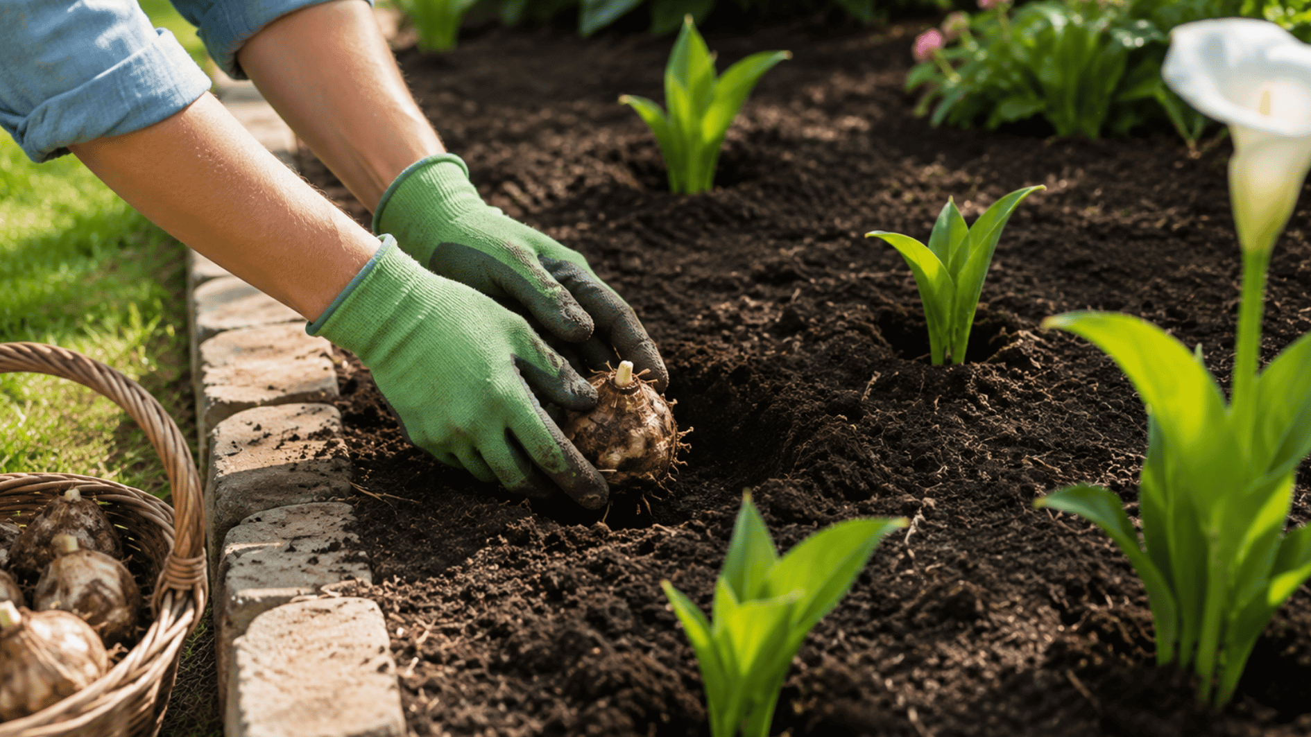 hands pressing calla lily rhizome into loose well-draining soil at three to four inches deep