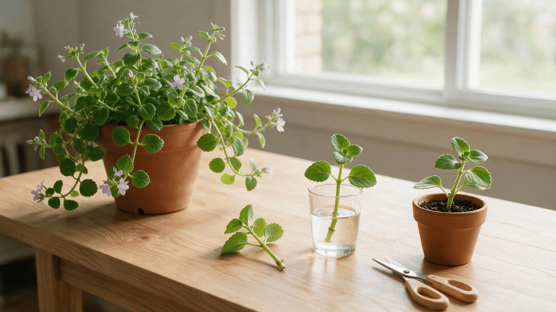 swedish ivy stem cuttings rooting in water and potting mix beside a healthy parent plant