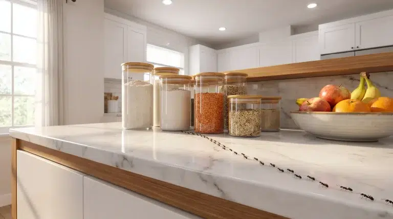 Ants crawling across marble kitchen countertop near glass jars and fruit bowl