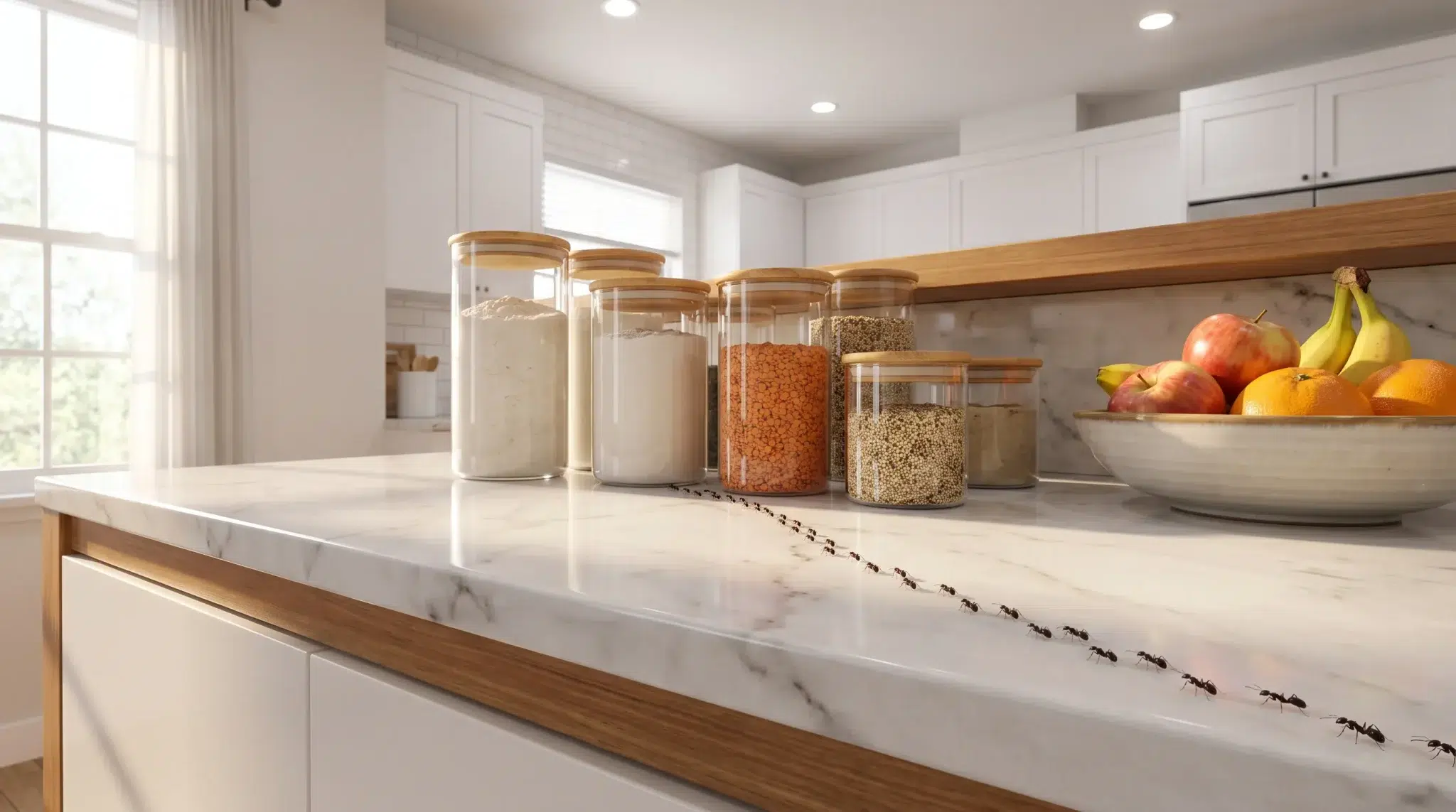 Ants crawling across marble kitchen countertop near glass jars and fruit bowl