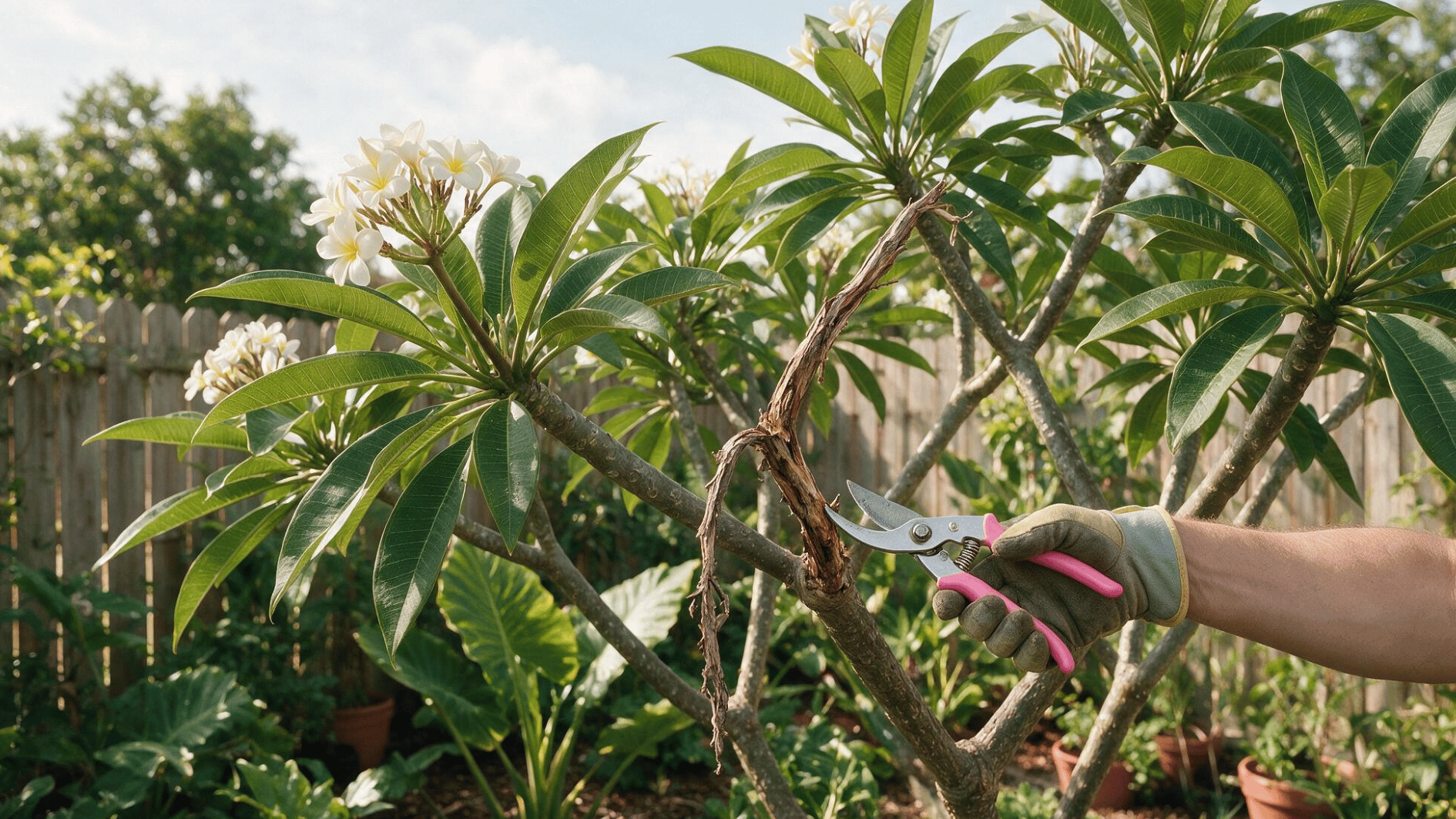 gardener preparing to remove one damaged branch from an otherwise healthy plumeria plant