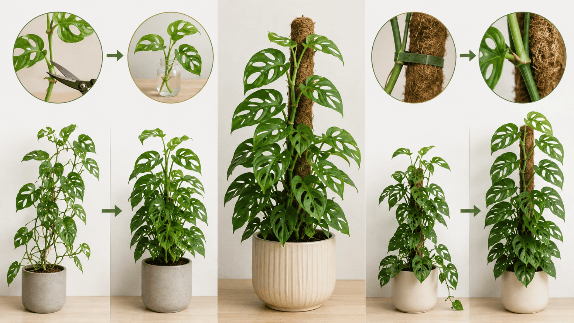 monstera adansonii being pruned and trained on a moss pole with simple before-and-after growth examples