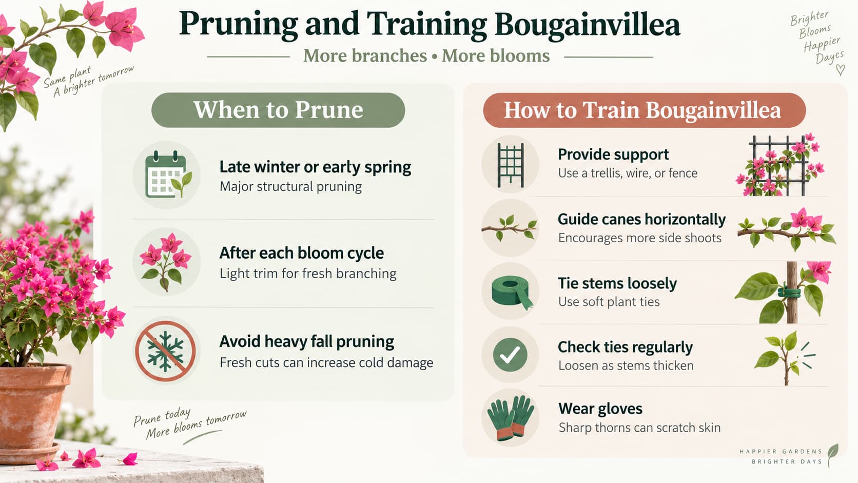 Infographic outlining best practices for pruning and training bougainvillea plants.