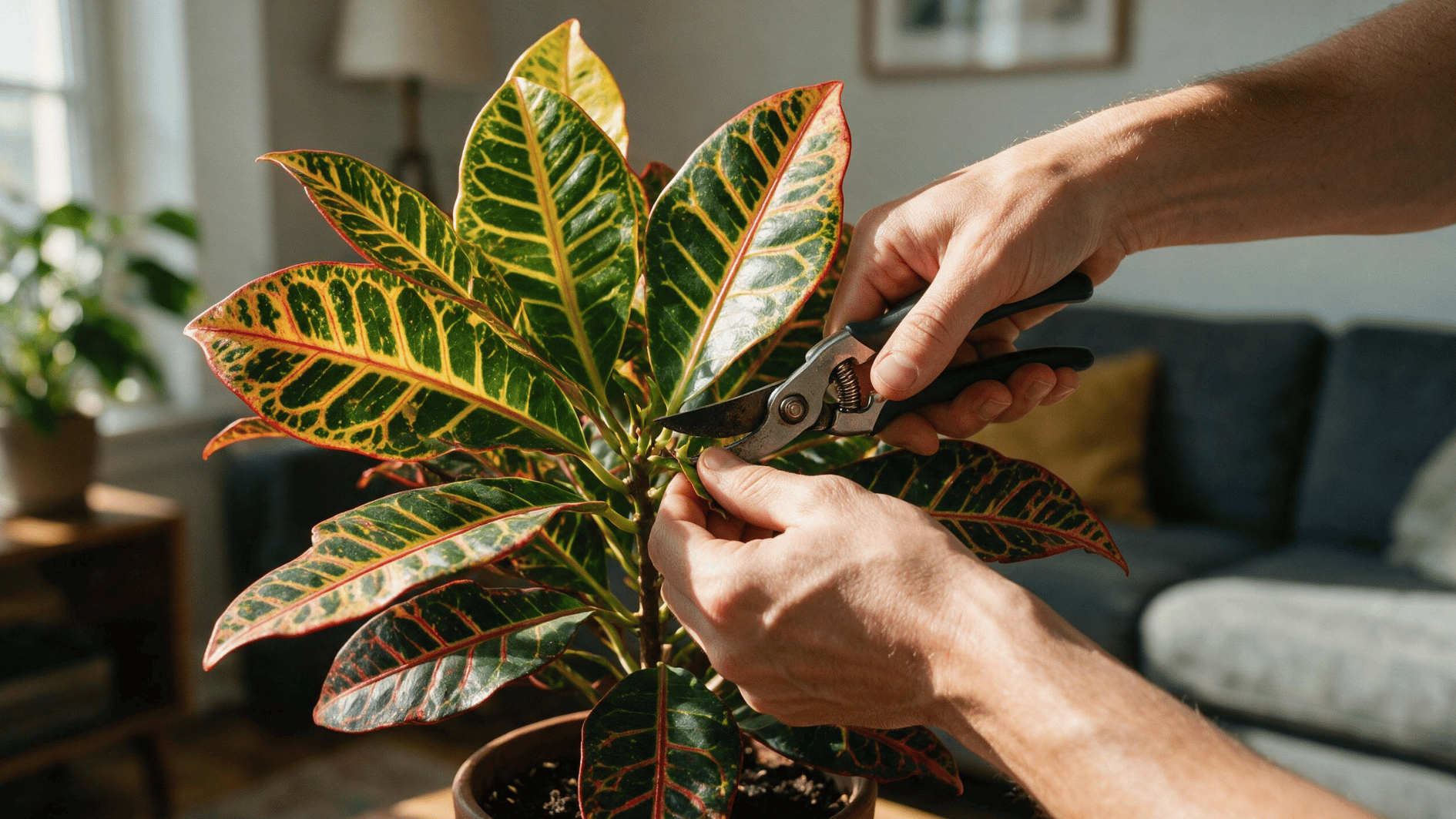 hands pruning a colorful croton plant with garden shears to remove new growth and shape the stems