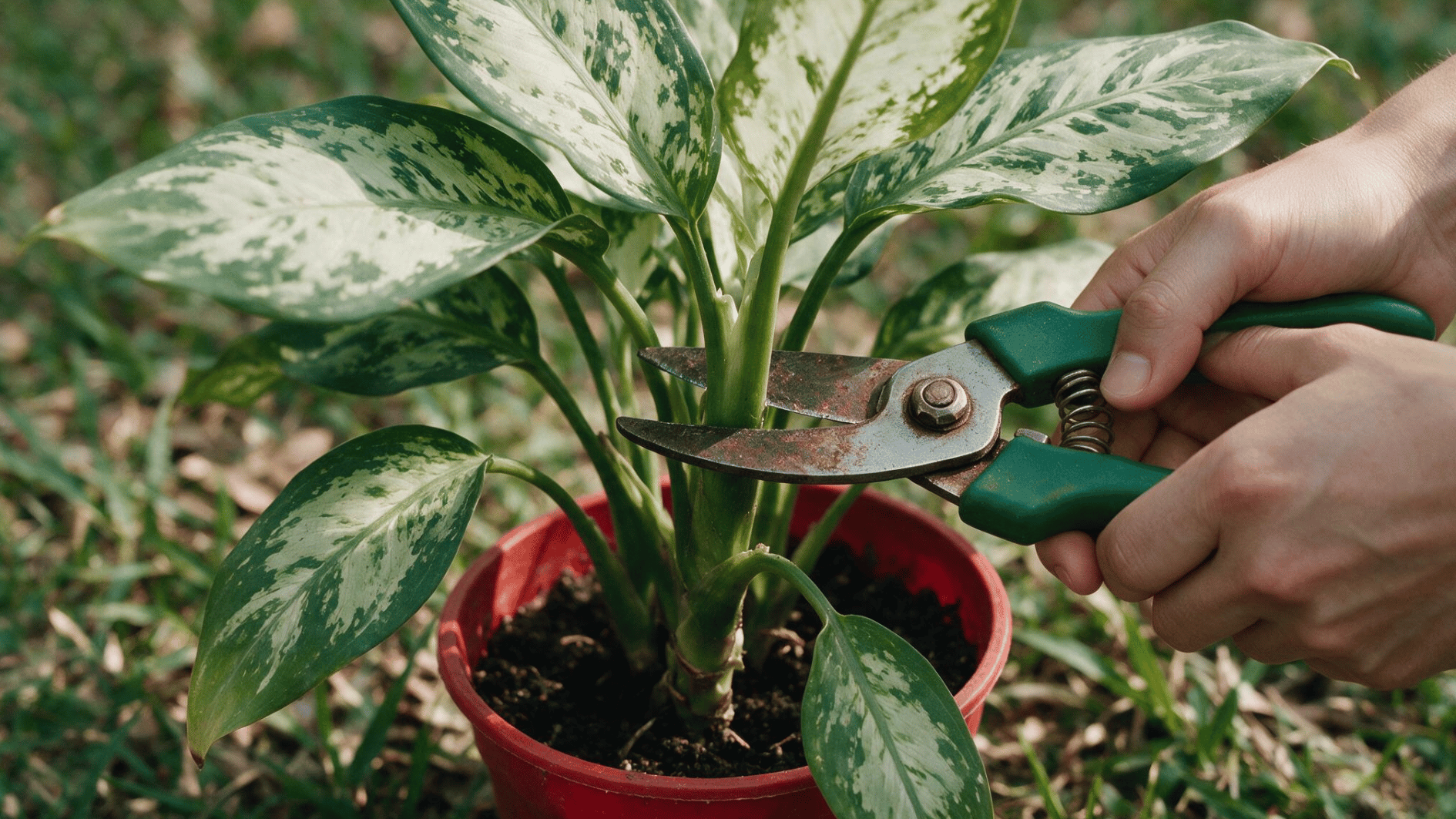 hands using pruning shears to trim a variegated dieffenbachia plant growing outdoors in a red container