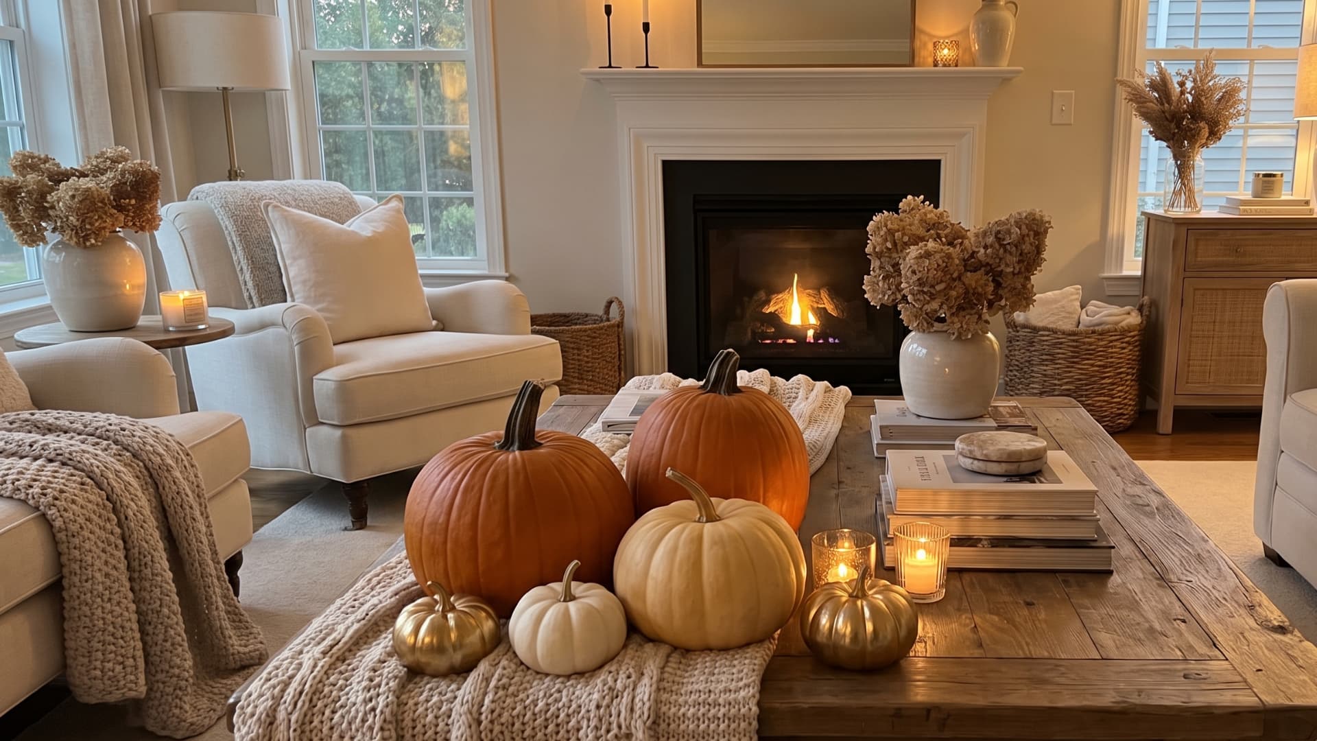 Cluster of various-sized real and faux pumpkins arranged neatly on a coffee table and rug.