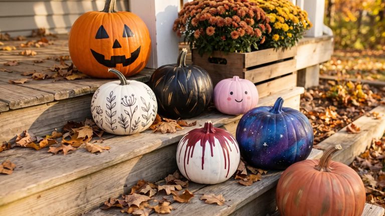 An assortment of painted pumpkins with creative designs displayed on wooden steps outdoors.