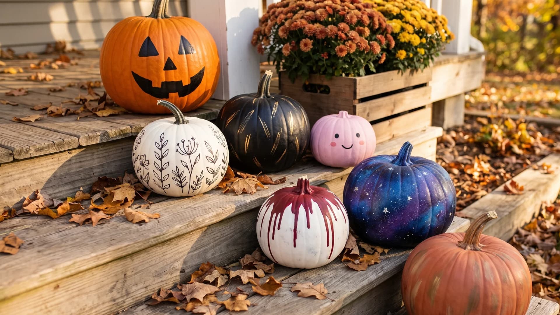 An assortment of painted pumpkins with creative designs displayed on wooden steps outdoors.