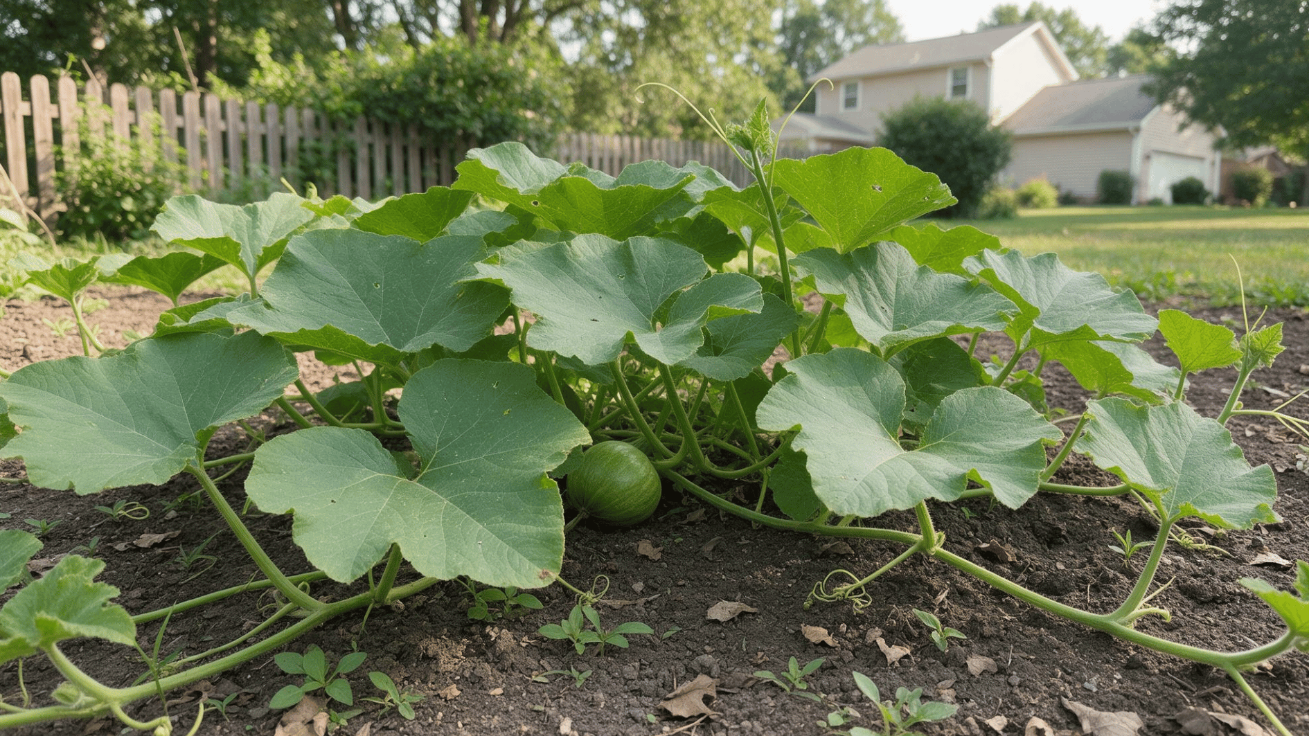 pumpkin vines with broad green leaves and a small green pumpkin growing in a backyard garden