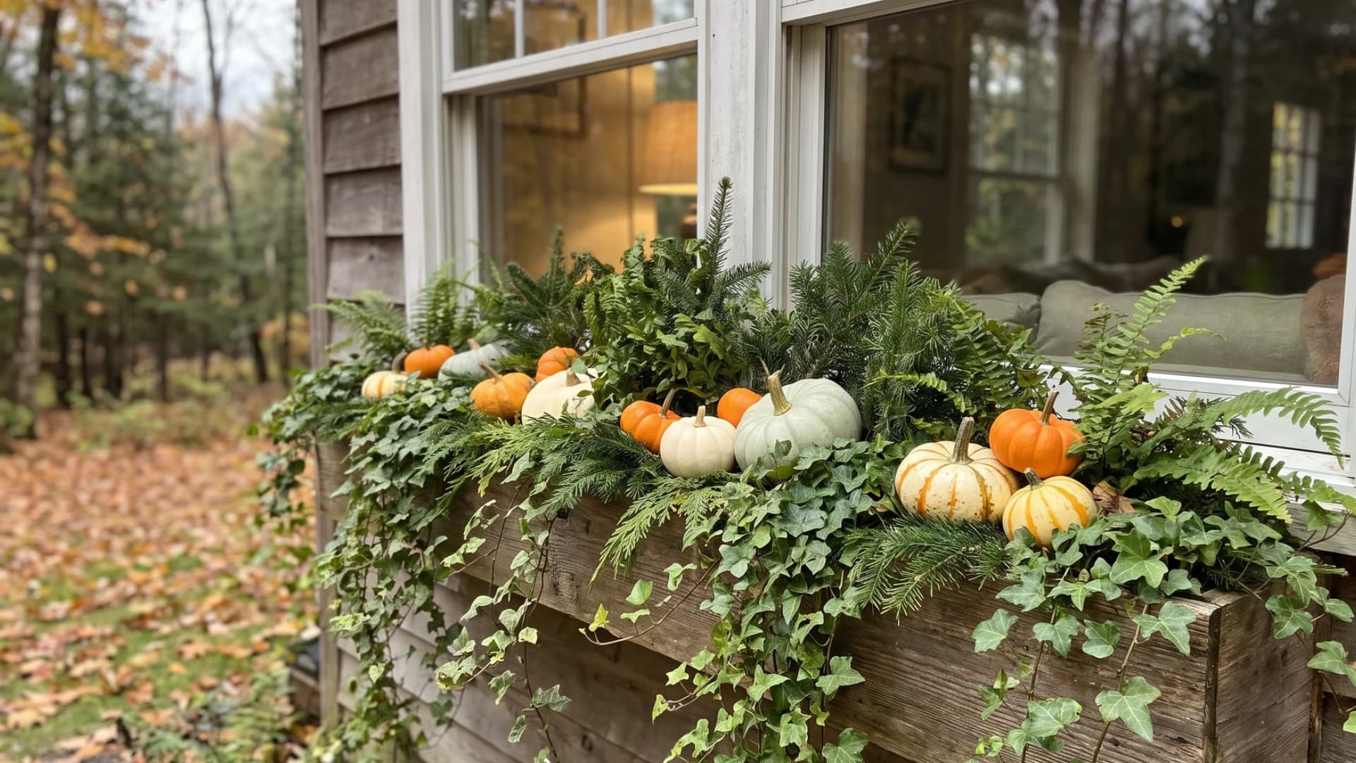 Mini pumpkins and gourds nestled among trailing greenery in a fall window box.
