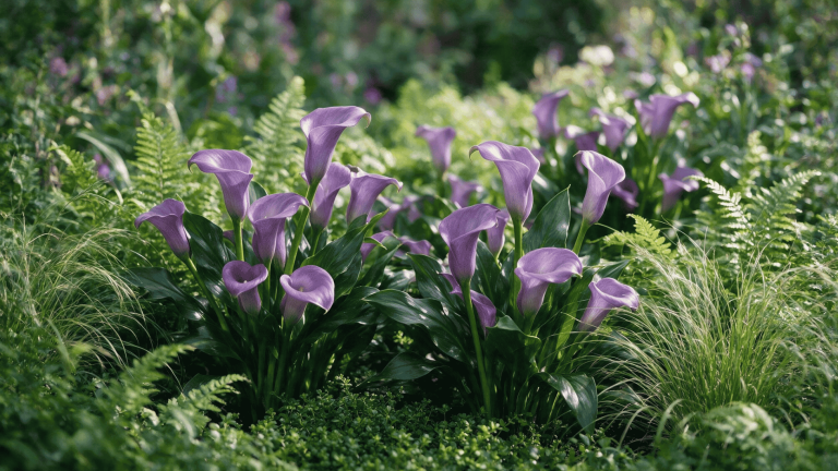 purple-calla-lilies-garden-bed