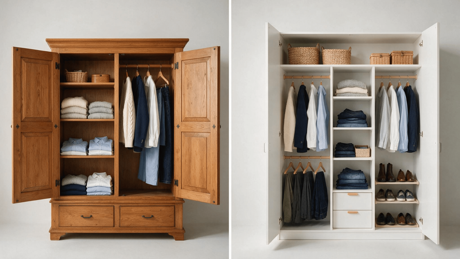 traditional oak armoire and gray wardrobe shown side by side in bedroom settings