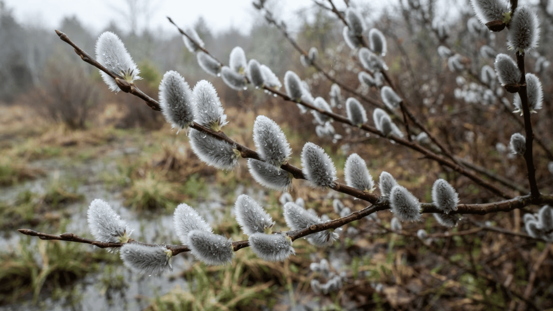 pussy willow branch with fuzzy silver-gray catkins in early spring before the leaves open