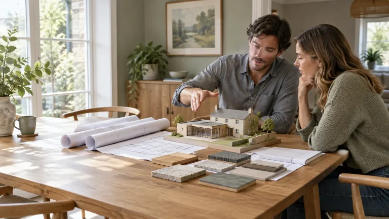 Architectural model and blueprints on wooden table with two people discussing designs indoors