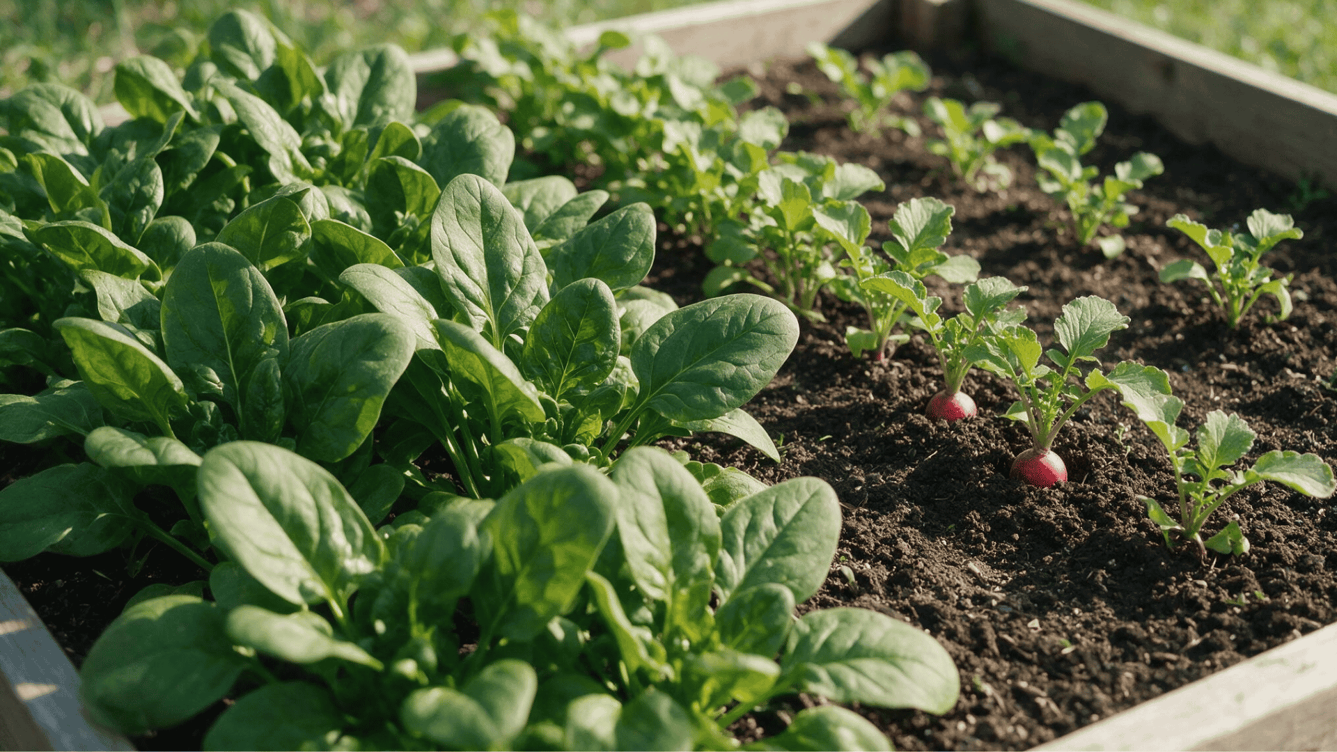 spinach and radish rows growing side by side in a raised garden bed