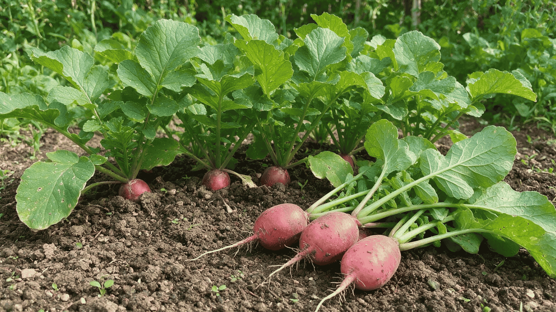 radish roots growing in garden soil surrounded by green leaves