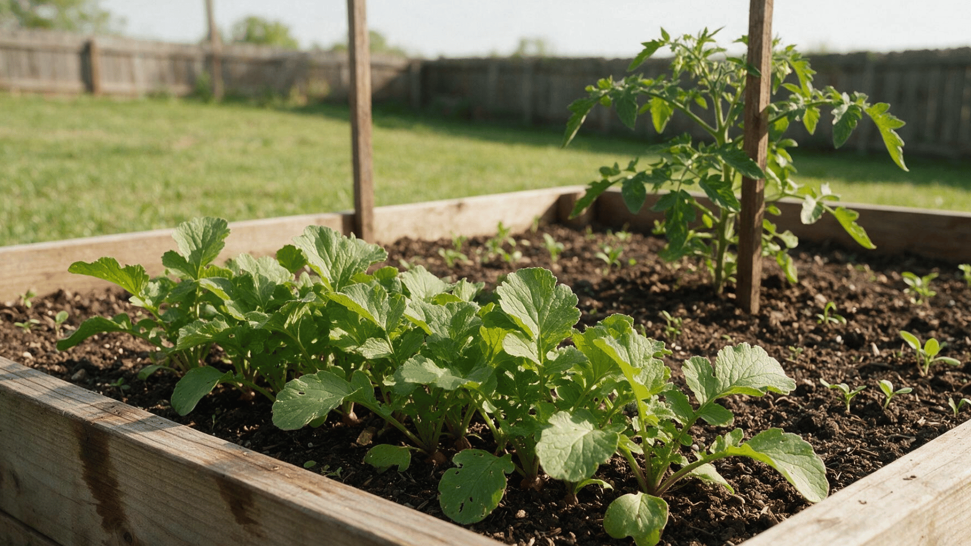 radish plants growing in a raised garden bed near a young tomato plant in a home backyard