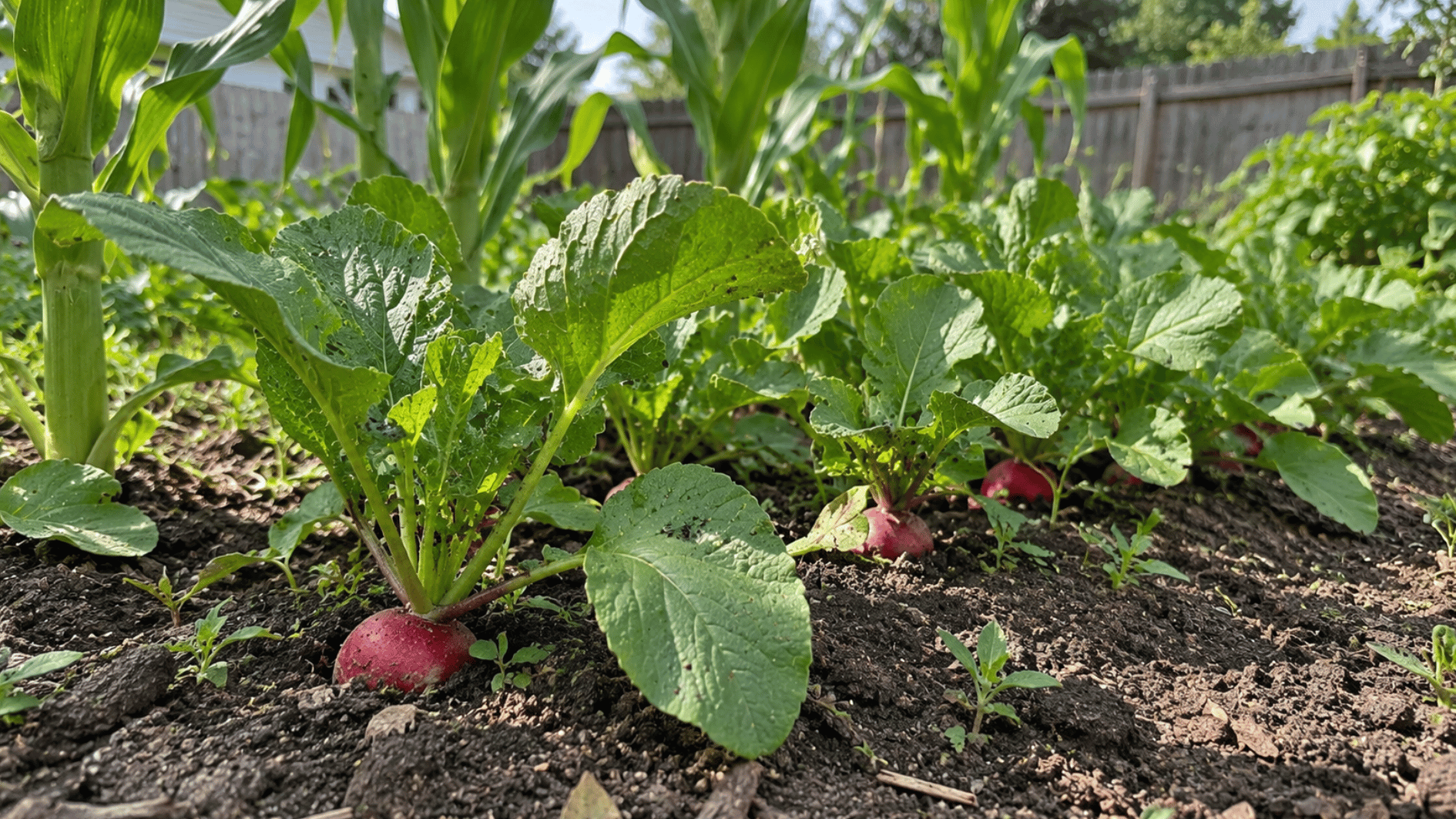 radishes growing beneath young corn plants in a backyard vegetable garden
