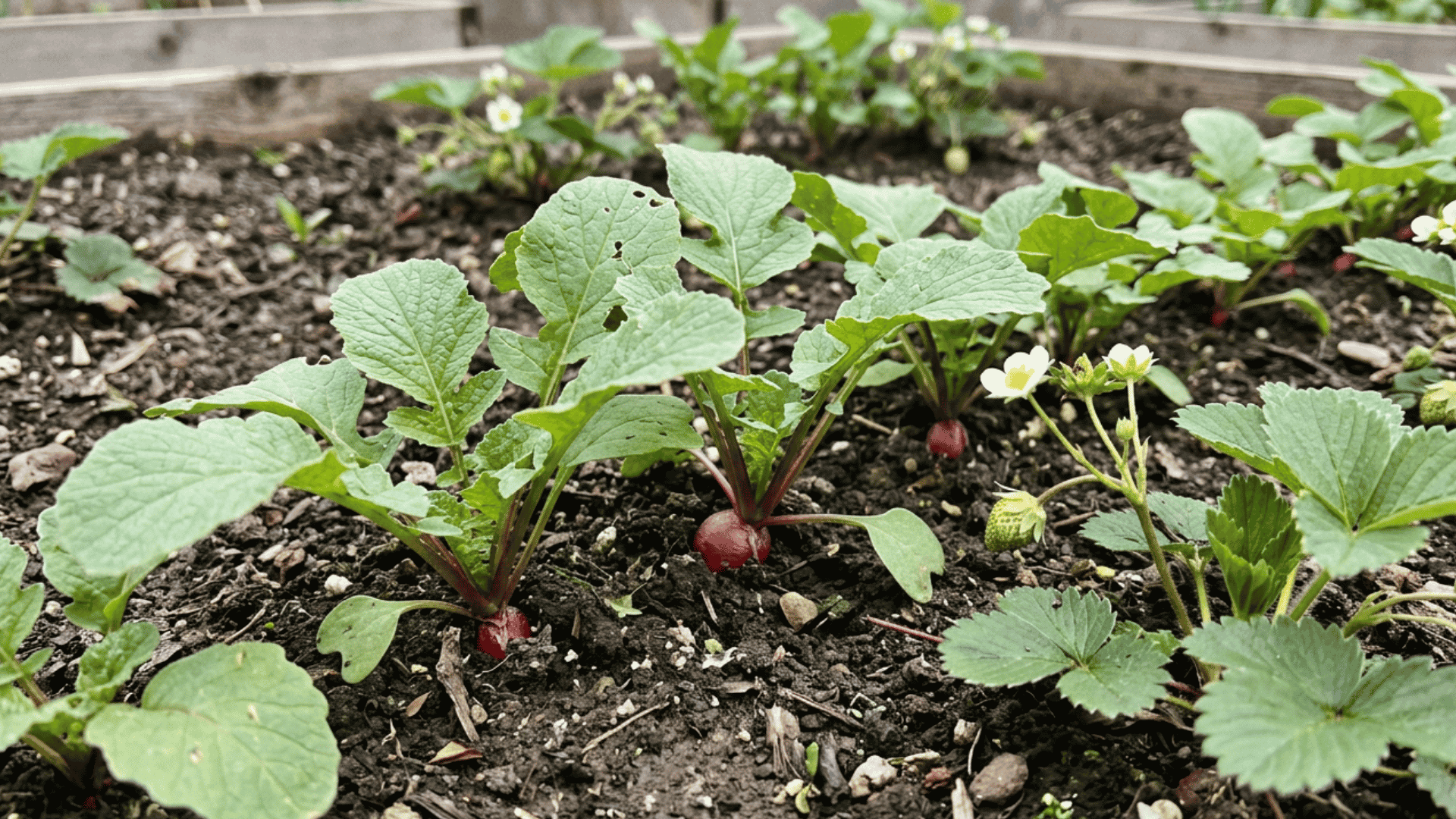 young radish plants growing beside strawberries in open soil within a realistic spring vegetable bed