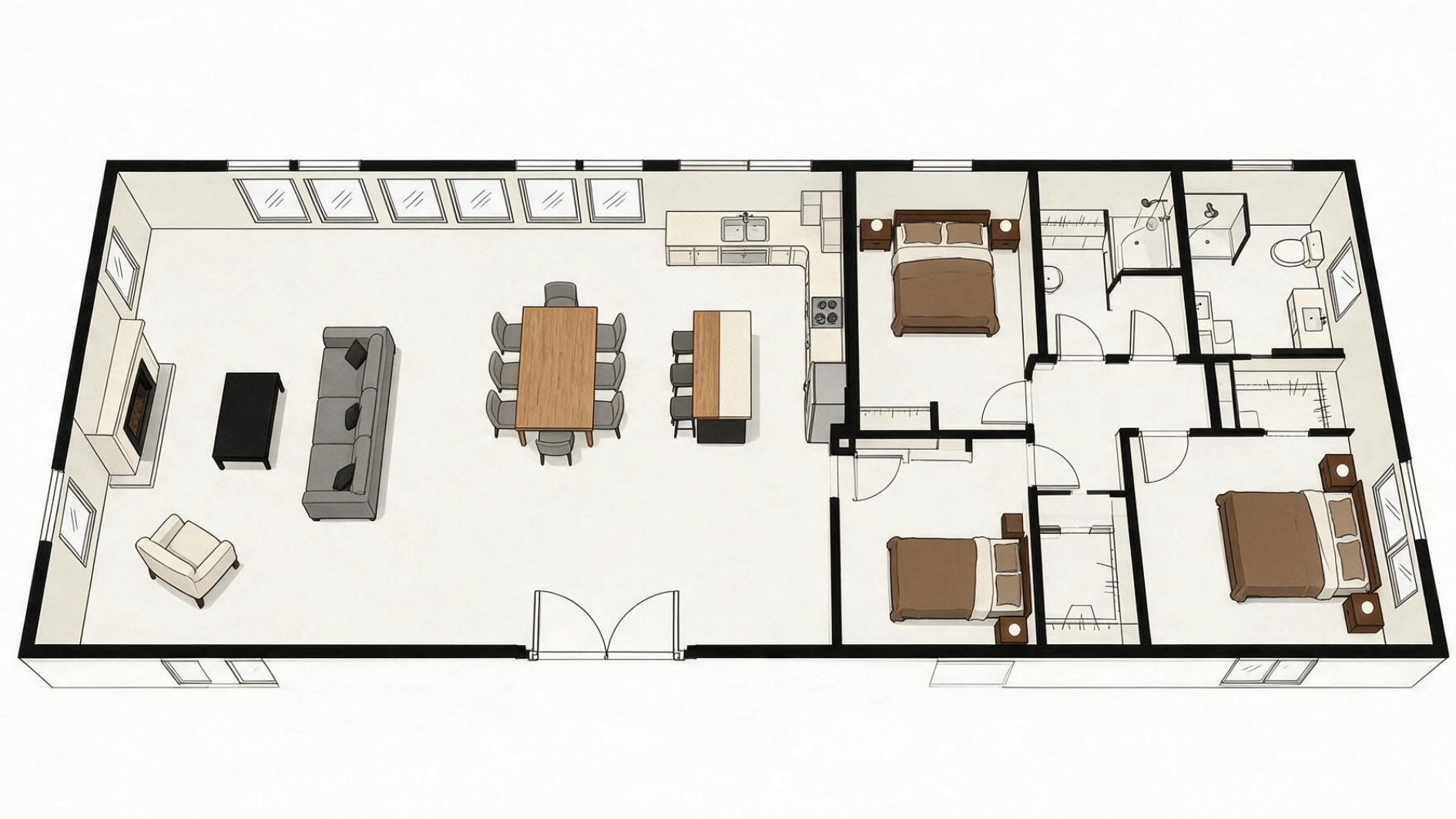 ranch-style 3 bedroom floor plan with a wide single-story footprint, bedroom wing, kitchen, and living area