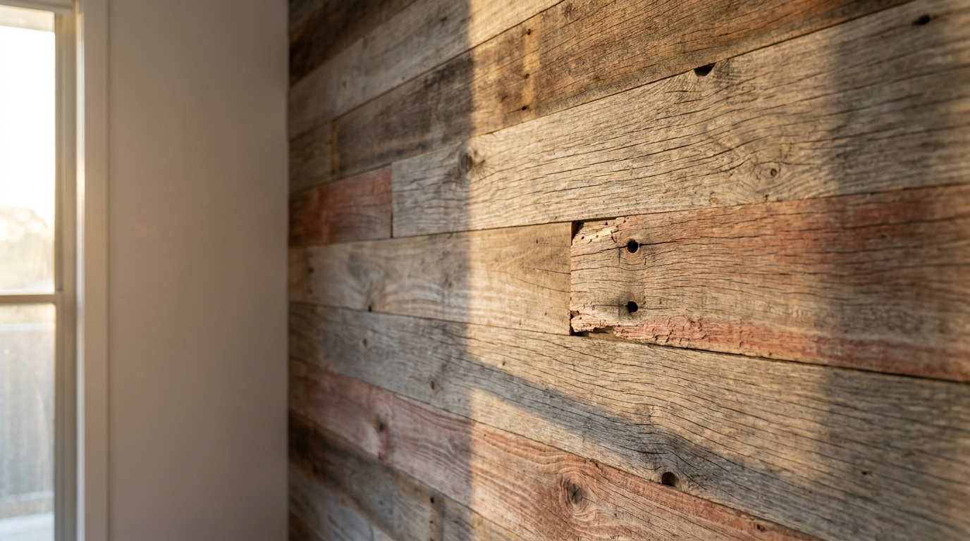 Rough wooden planks on wall illuminated by warm natural light near window