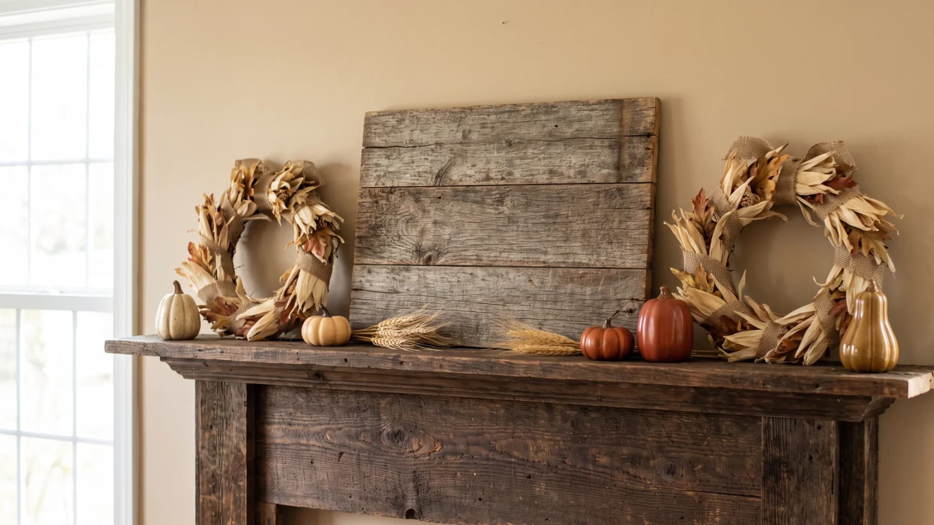 A rustic reclaimed wood sign centered on a mantel, flanked on each side by natural corn husk wreaths.