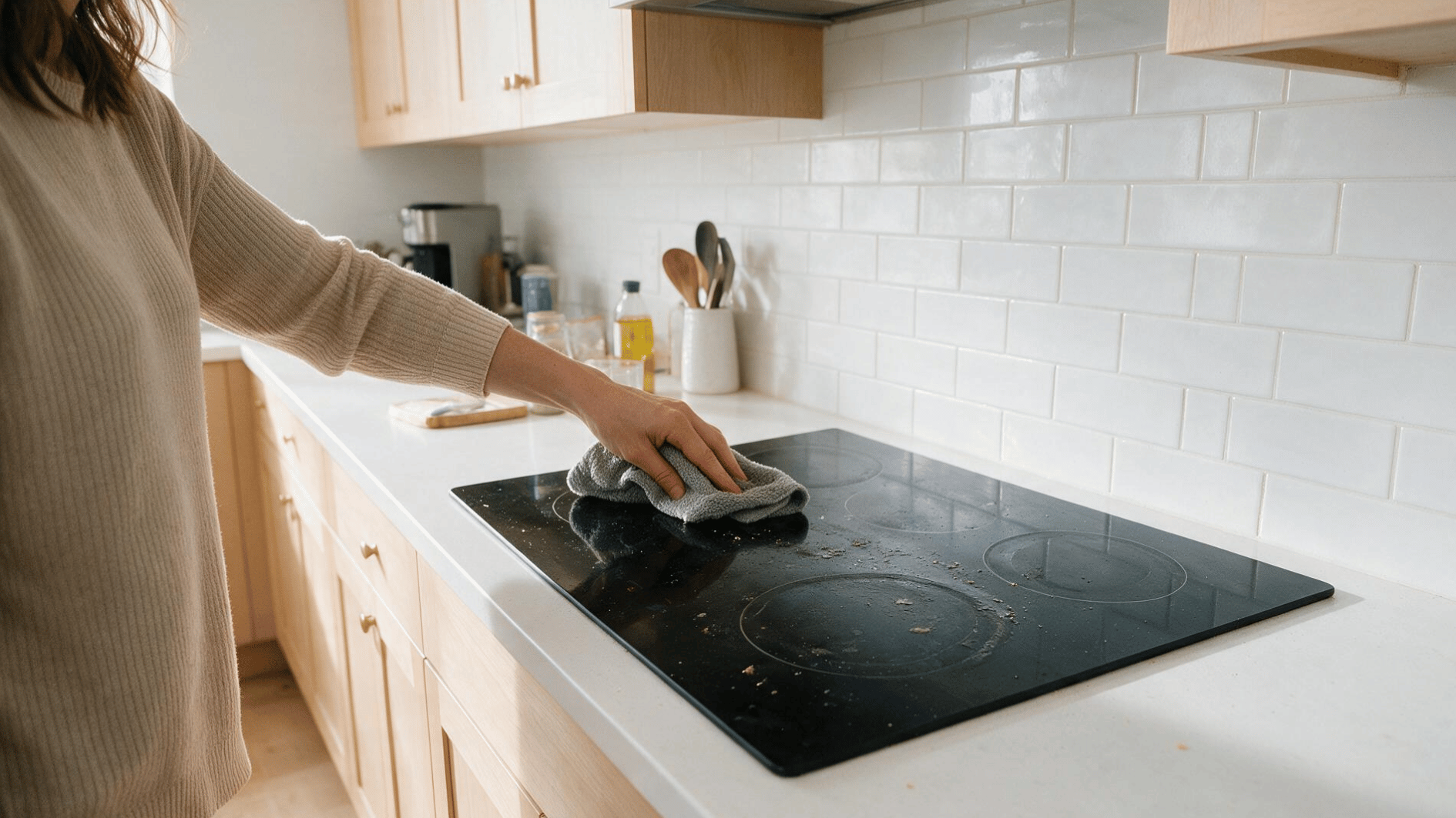 hand wiping loose crumbs from a glass stove top with a grey microfiber cloth