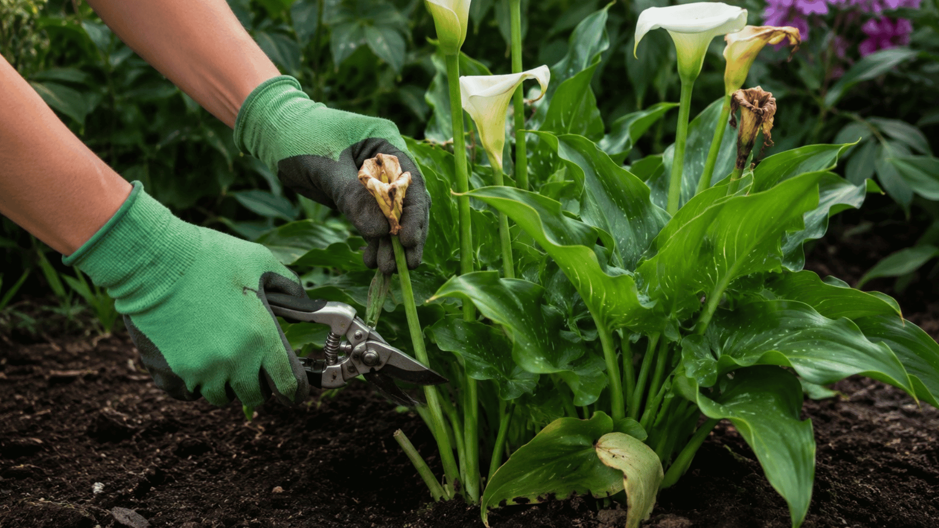 pruning shears cutting a faded calla lily flower stalk near the base while green leaves remain