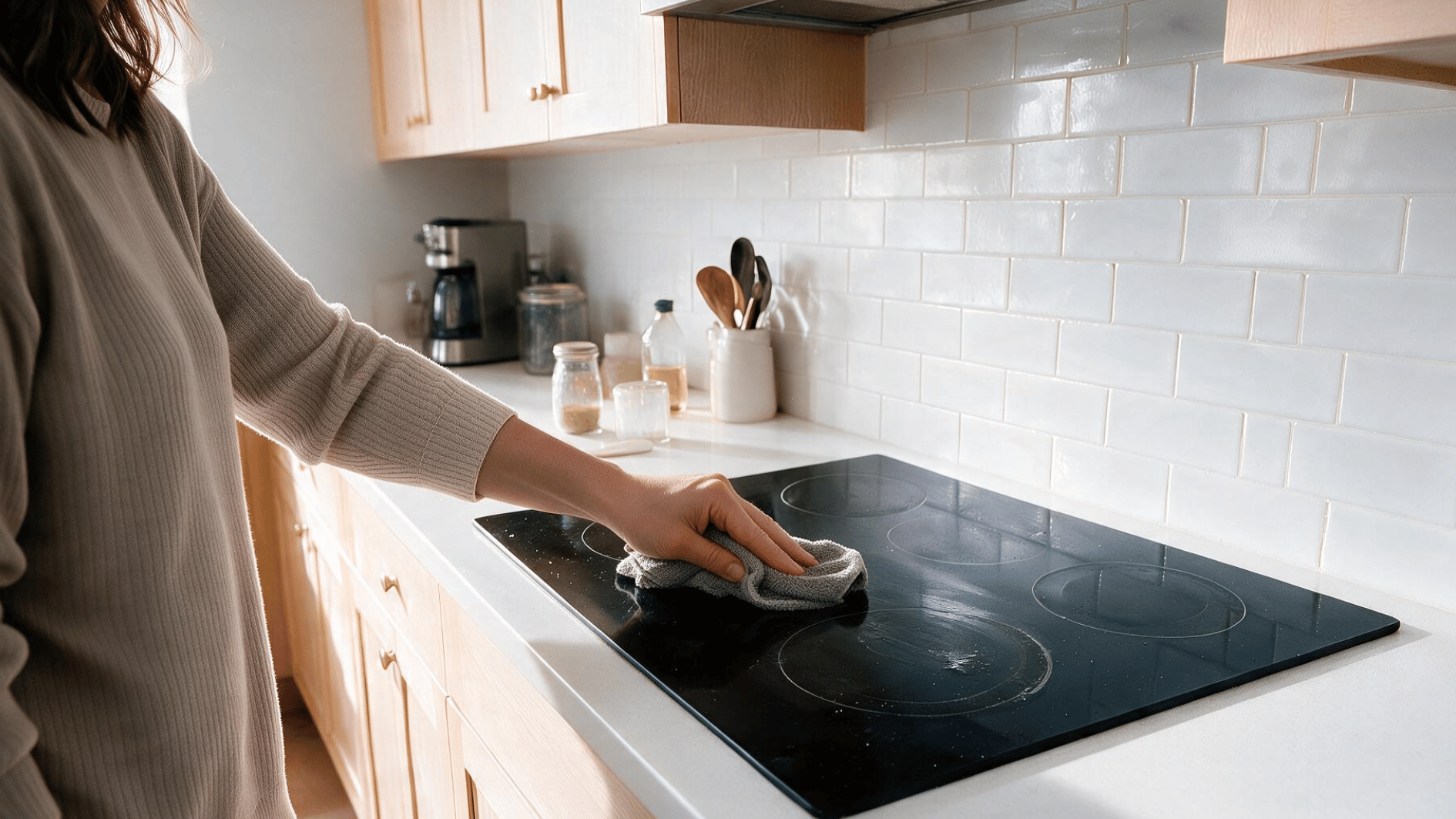 hand wiping remaining film and light marks from a nearly clean glass stove top