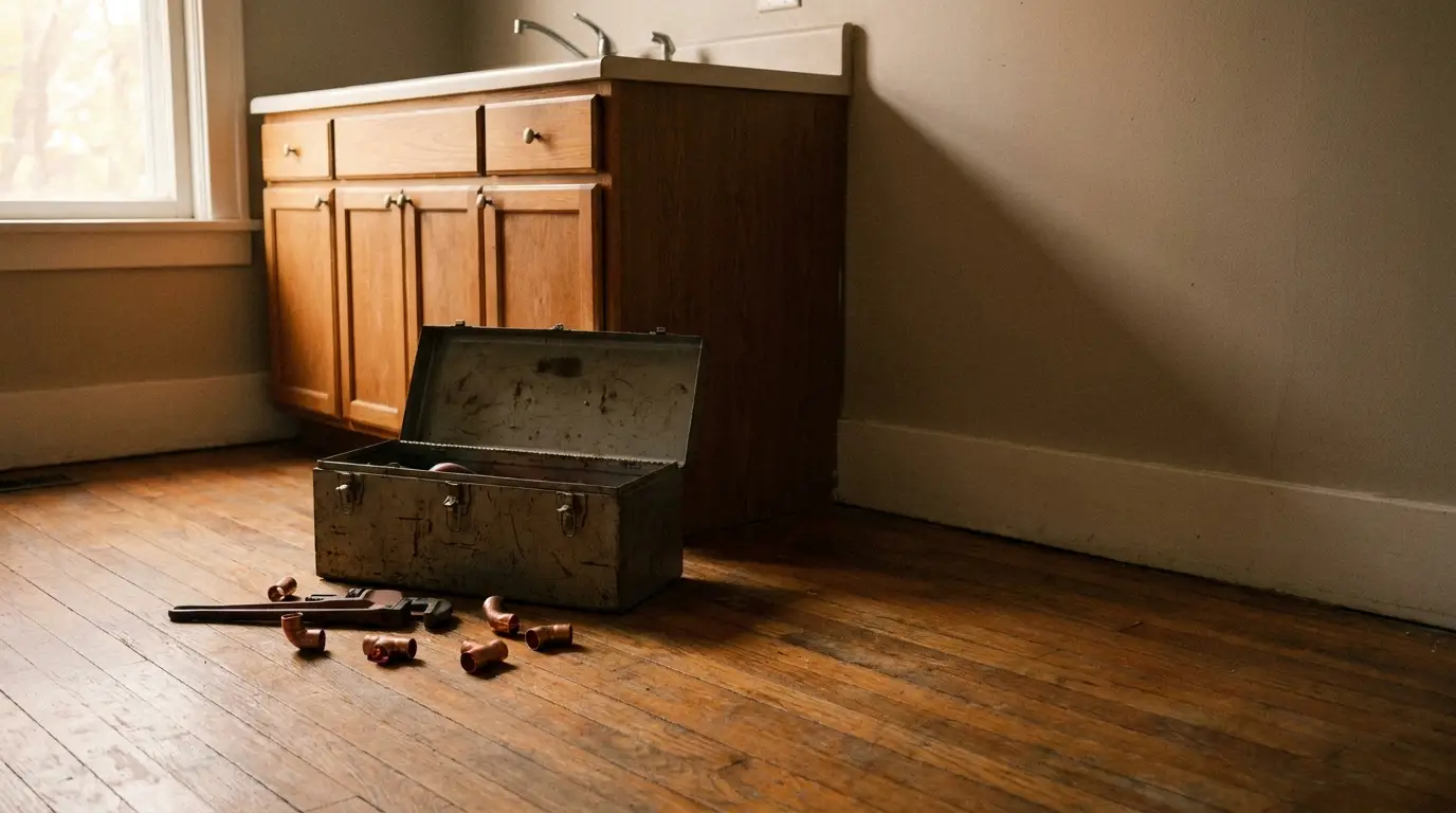 Open toolbox with plumbing pipes and wrench on wooden floor in dimly lit kitchen