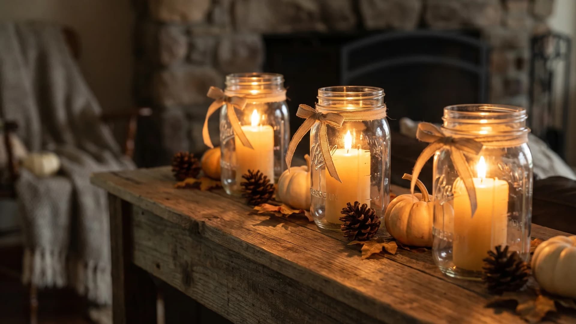 Clear mason jars wrapped in ribbon and twine, holding glowing candles as rustic fall mantel lighting.