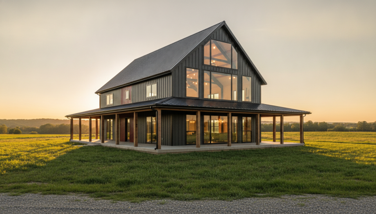 Modern barn-style house with large windows at sunset in open countryside setting