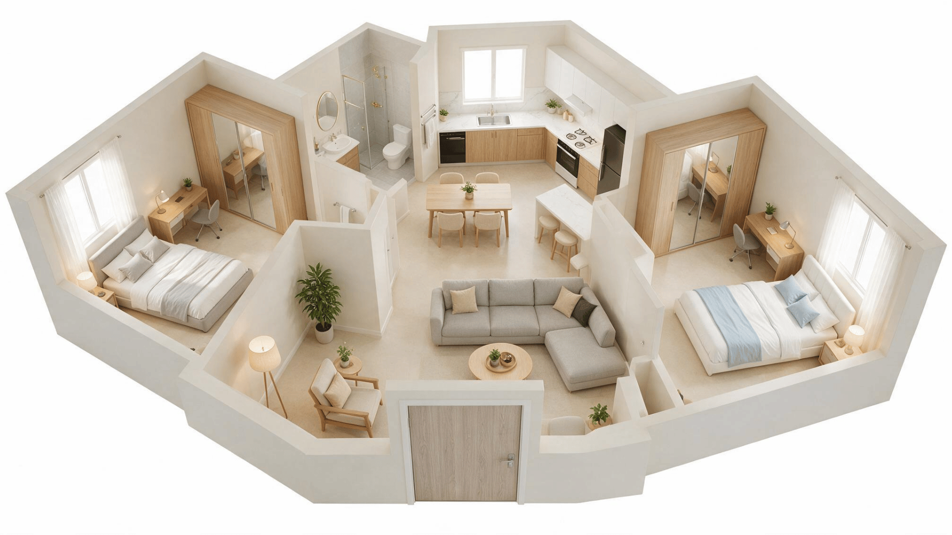 roommate friendly 2 bedroom apartment layout with equal furnished bedrooms and shared central spaces