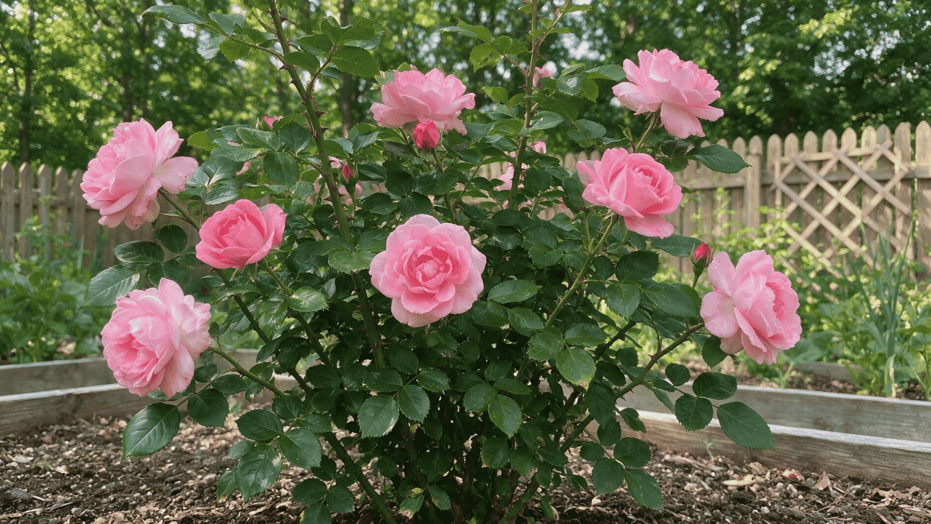 pink rose bush blooming in a garden bed with green foliage and a wooden fence in the background