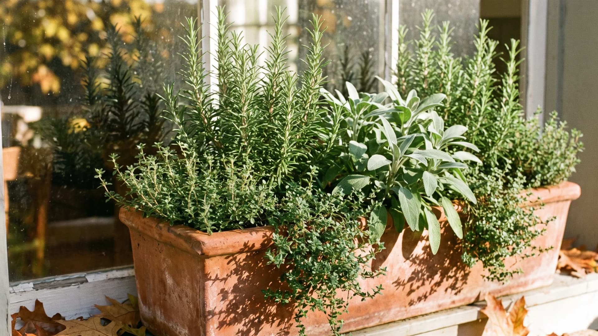 Rosemary, sage, and thyme growing together in a sunny autumn herb window box.