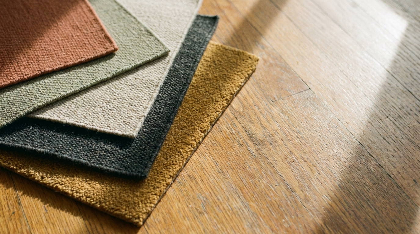 Assorted carpet samples in various earthy tones on wooden floor under soft lighting