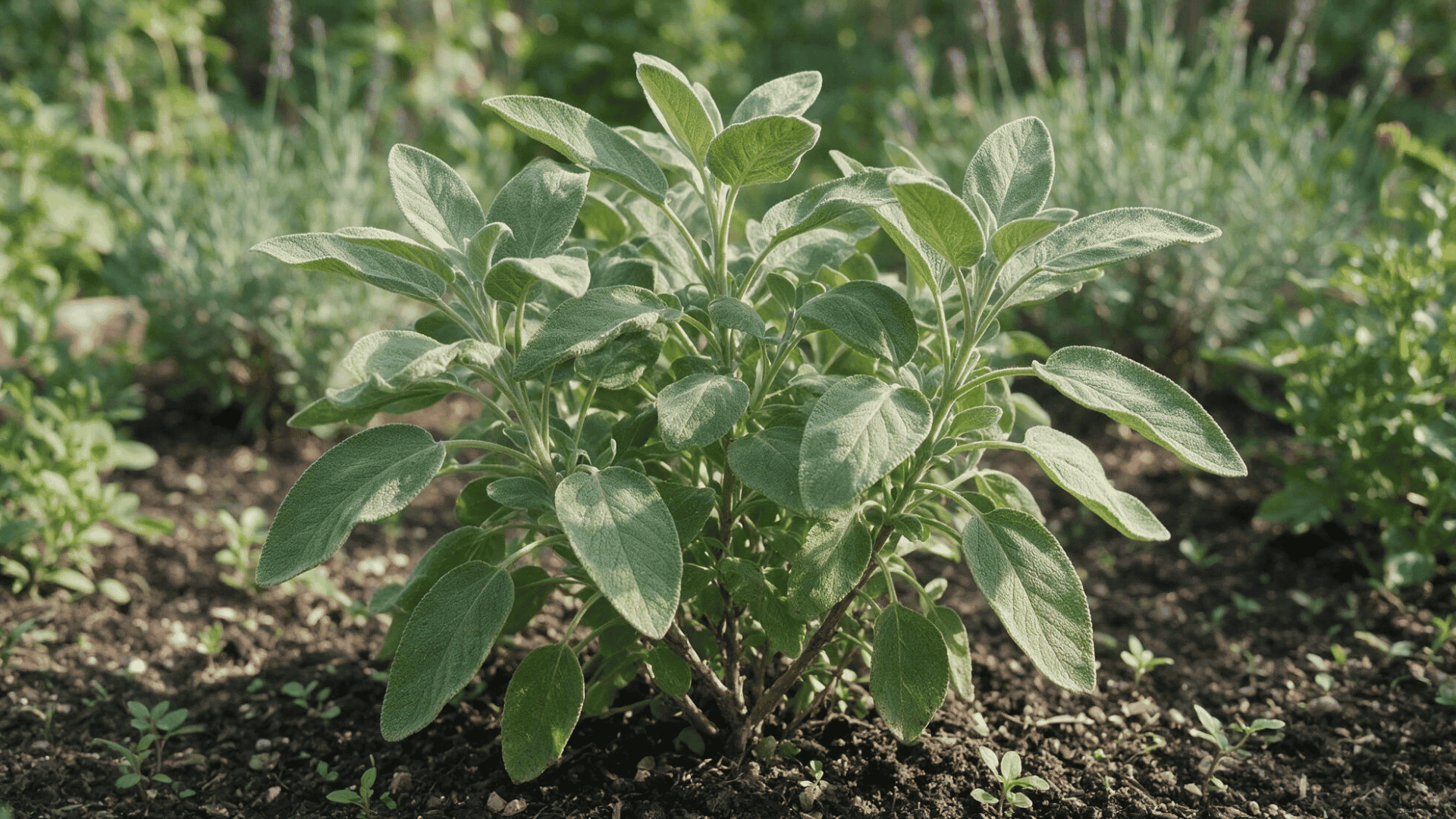 healthy sage plant with soft gray-green leaves growing naturally in a sunny backyard garden bed