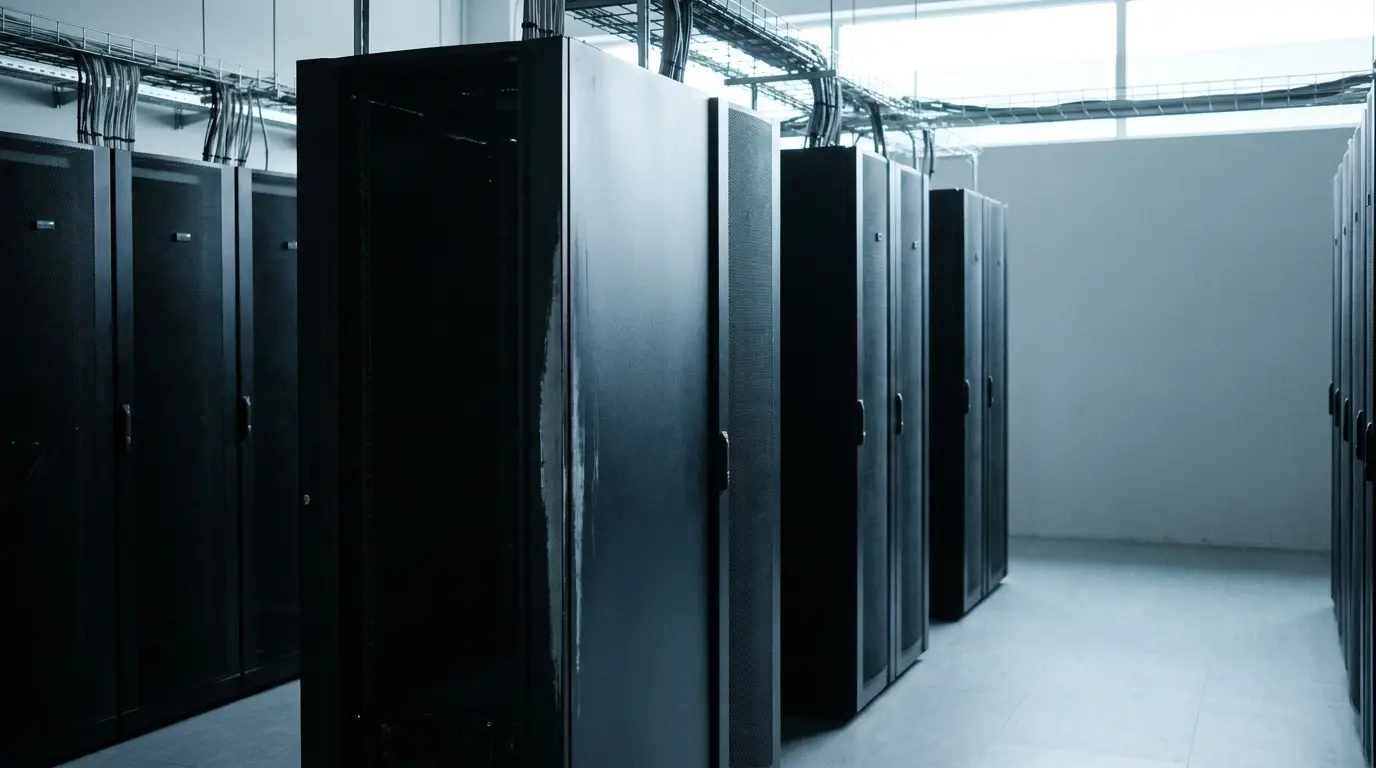 Dark server racks in a data center with overhead cables and cool lighting