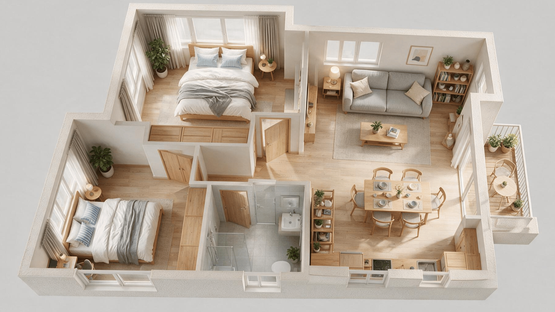 scandinavian 2 bedroom apartment layout with light wood furnishings clear rooms and bright windows