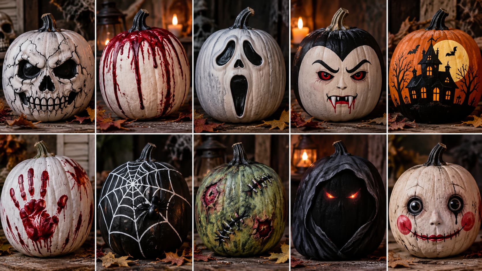 A ten-panel collage of spooky painted pumpkins featuring a cracked skull, bloody drips, a screaming ghost, Dracula fangs, and spiderwebs.