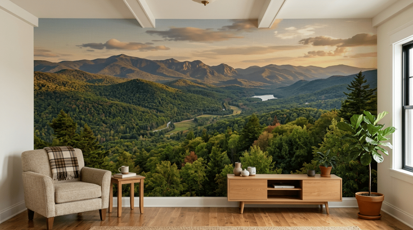 scenic landscape mural wallpaper showing a continuous mountain and forest scene across a wide bedroom wall