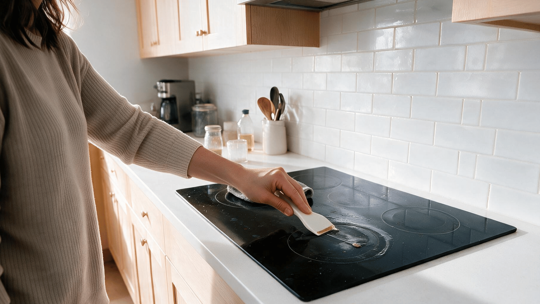 hand using a cooktop scraper to lift hardened residue from a glass stove top
