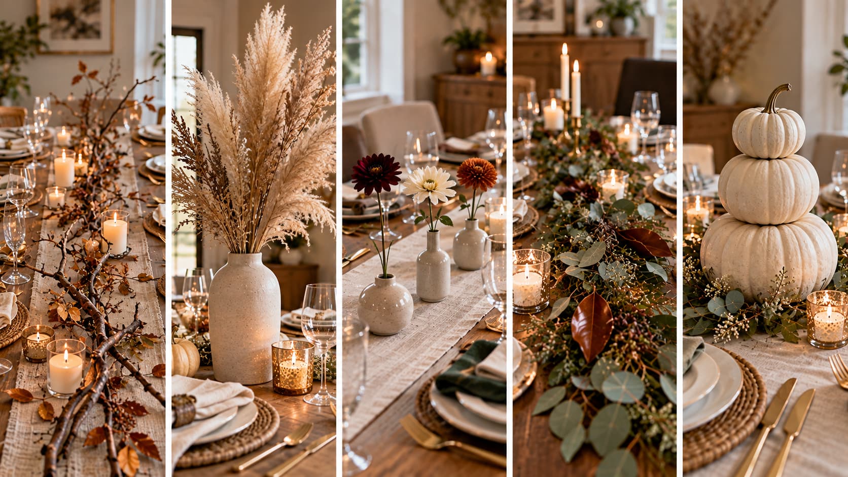 Five-panel collage showcasing sculptural Thanksgiving centerpieces: branch runner, pampas grass, bud vases, foliage runner, and stacked pumpkins.