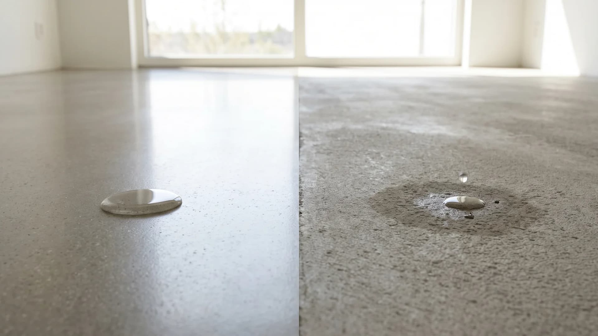 Water drop test showing water beading on sealed concrete versus absorbing into unsealed concrete.