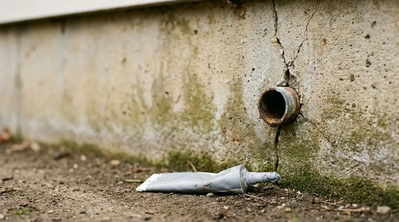 Rusty pipe protruding from cracked concrete wall with discarded metal tube on ground