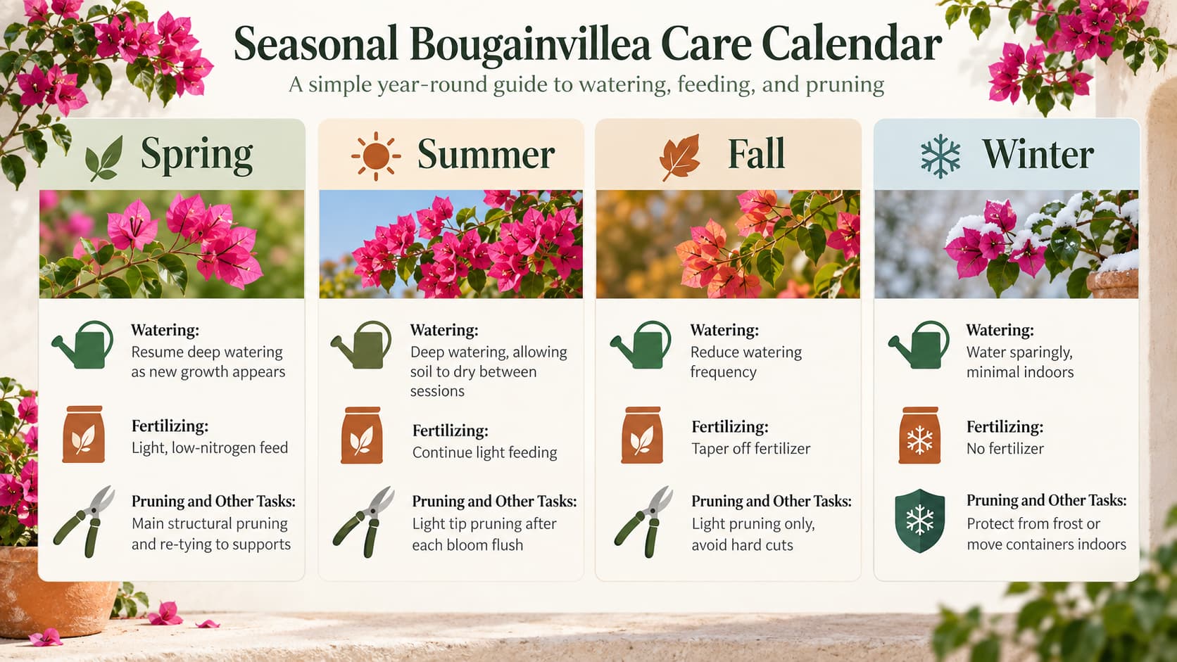 Infographic outlining a seasonal care calendar for watering, fertilizing, and pruning bougainvillea.