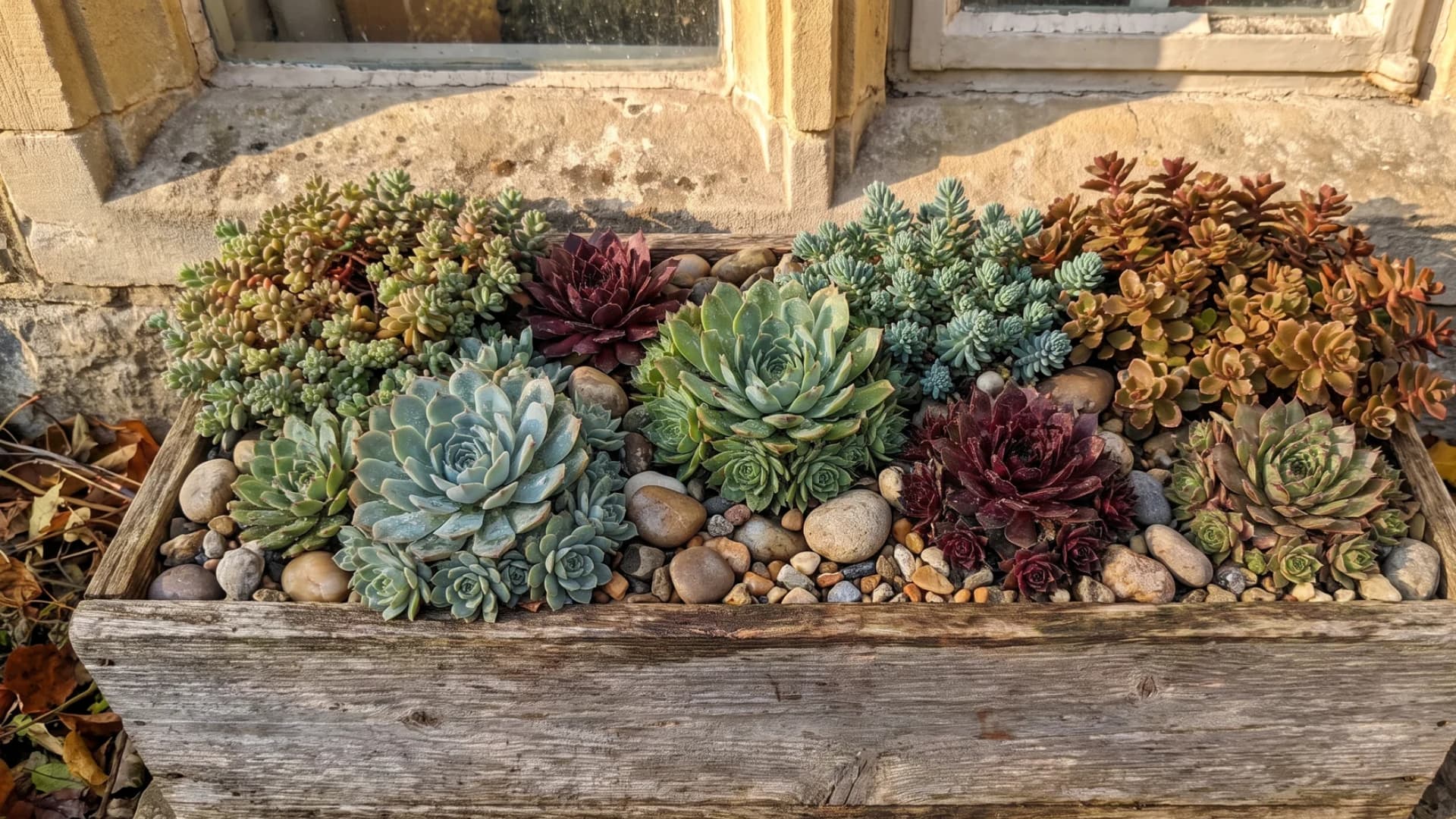  Hardy sedum and succulents planted with gravel in a low-maintenance window box.