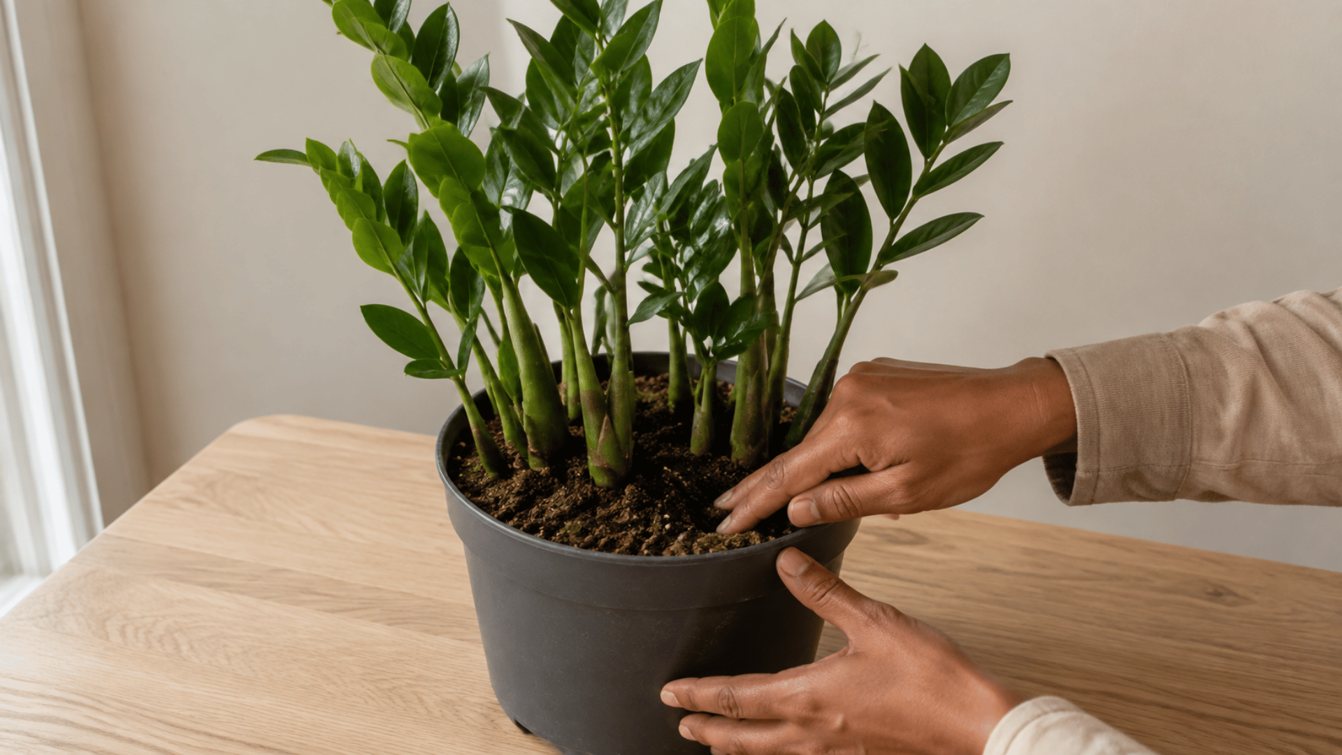hand checking slightly dry soil in a mature potted zz plant before beginning division